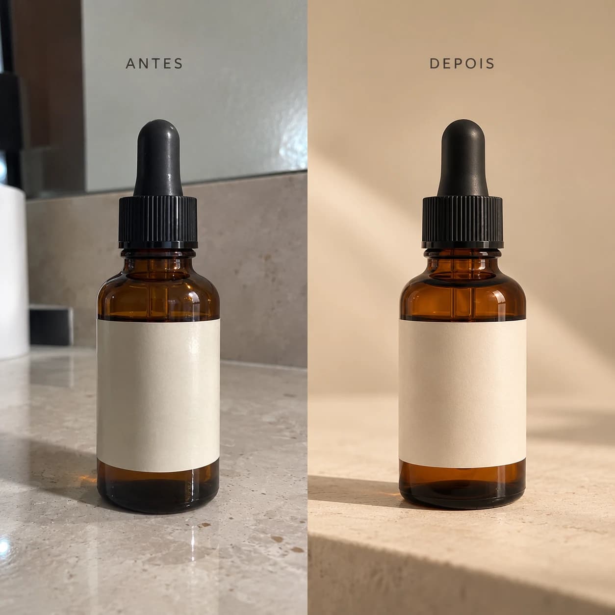 Frasco conta-gotas de cosmético: à esquerda a foto original em bancada de banheiro; à direita a versão tratada com fundo bege e luz natural