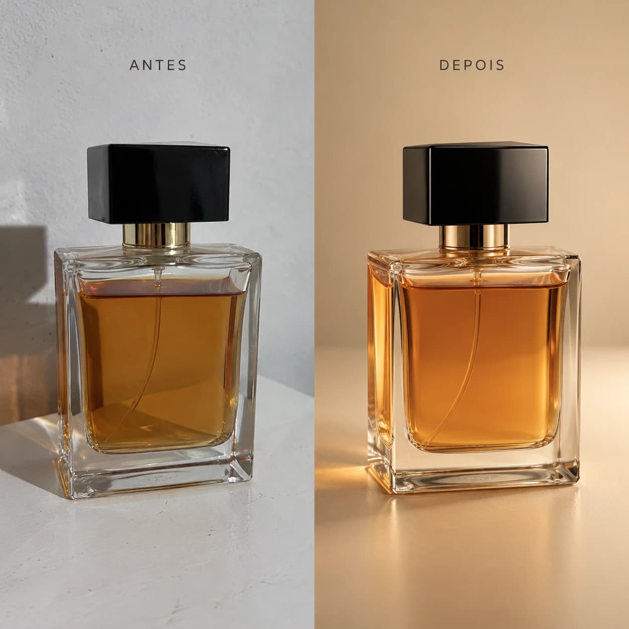 Frasco de perfume: à esquerda a foto original com fundo cinza e sombra dura; à direita a versão tratada com fundo bege e luz suave