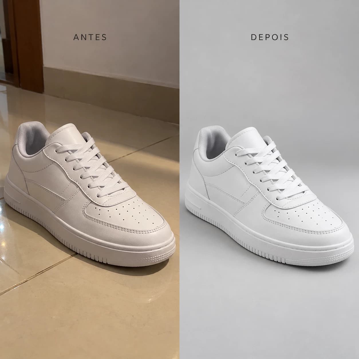 Tênis branco: à esquerda a foto original sobre piso com reflexos; à direita a versão tratada com fundo cinza neutro e limpo