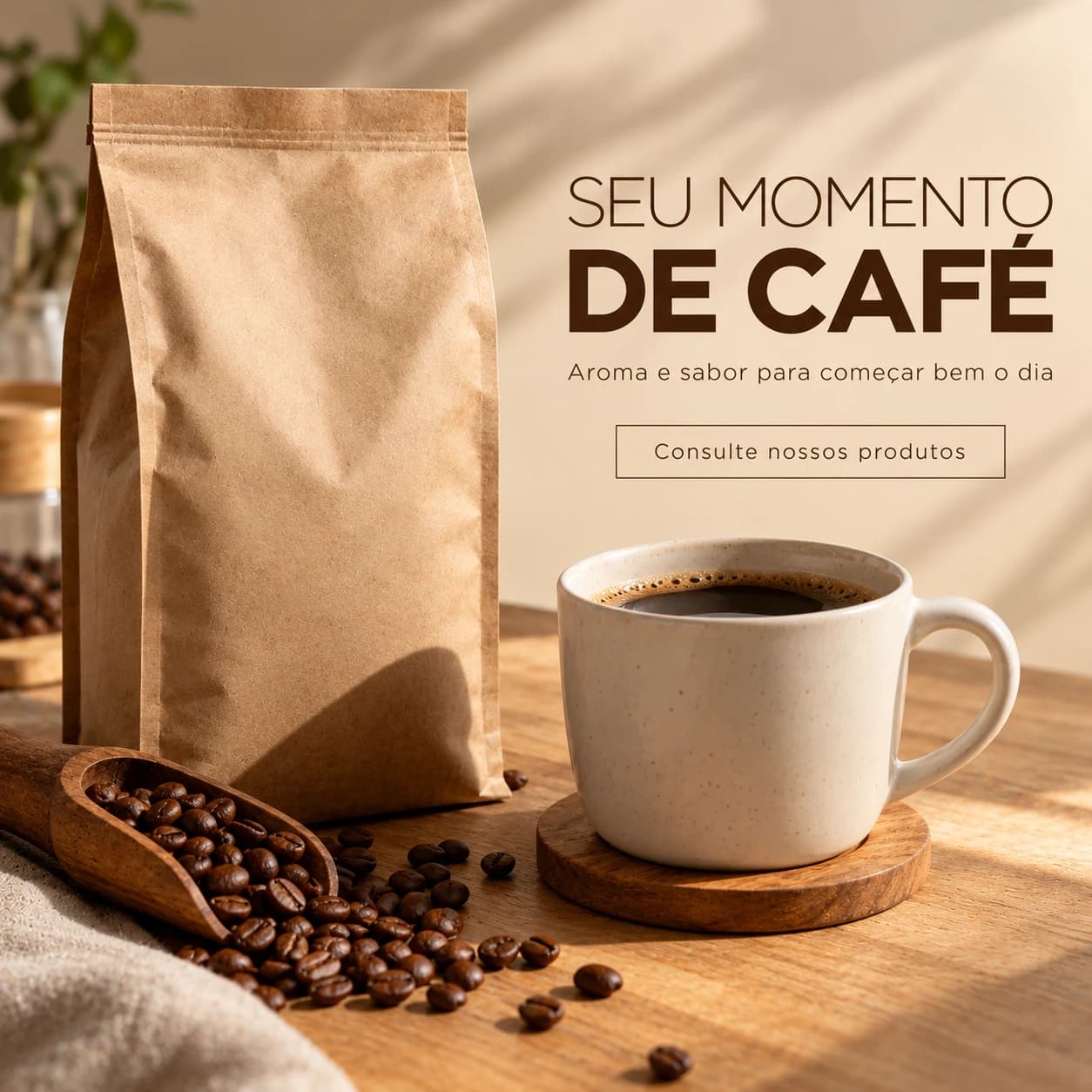Arte promocional de empório de café com o texto “Seu momento de café — Aroma e sabor para começar bem o dia”