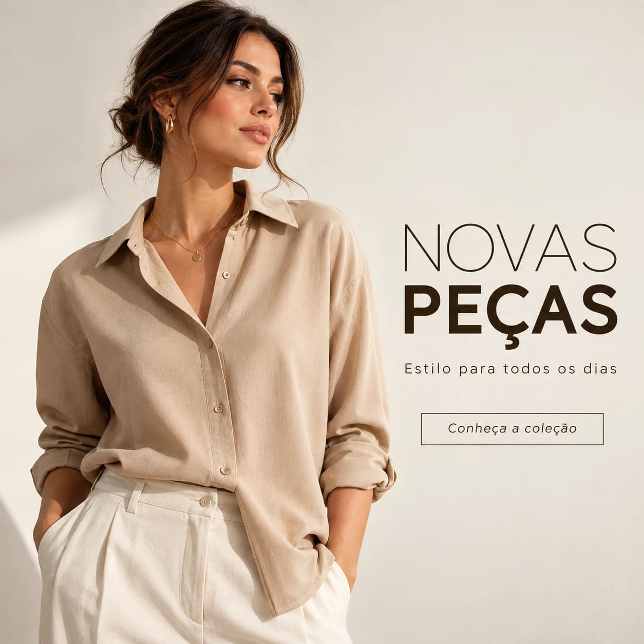 Arte promocional de loja de roupas com o texto “Novas peças — Estilo para todos os dias”