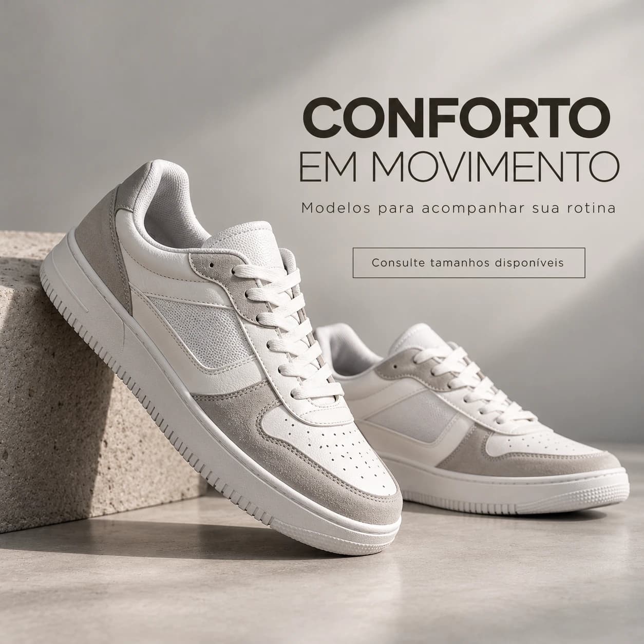 Arte promocional de loja de tênis com o texto “Conforto em movimento — Modelos para acompanhar sua rotina”