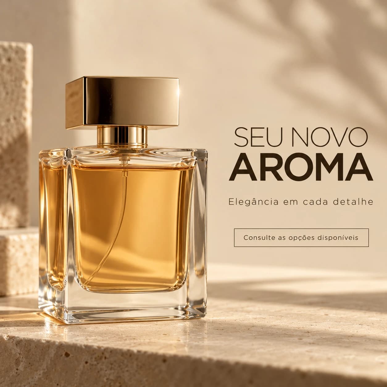 Arte promocional de perfumaria com o texto “Seu novo aroma — Elegância em cada detalhe”